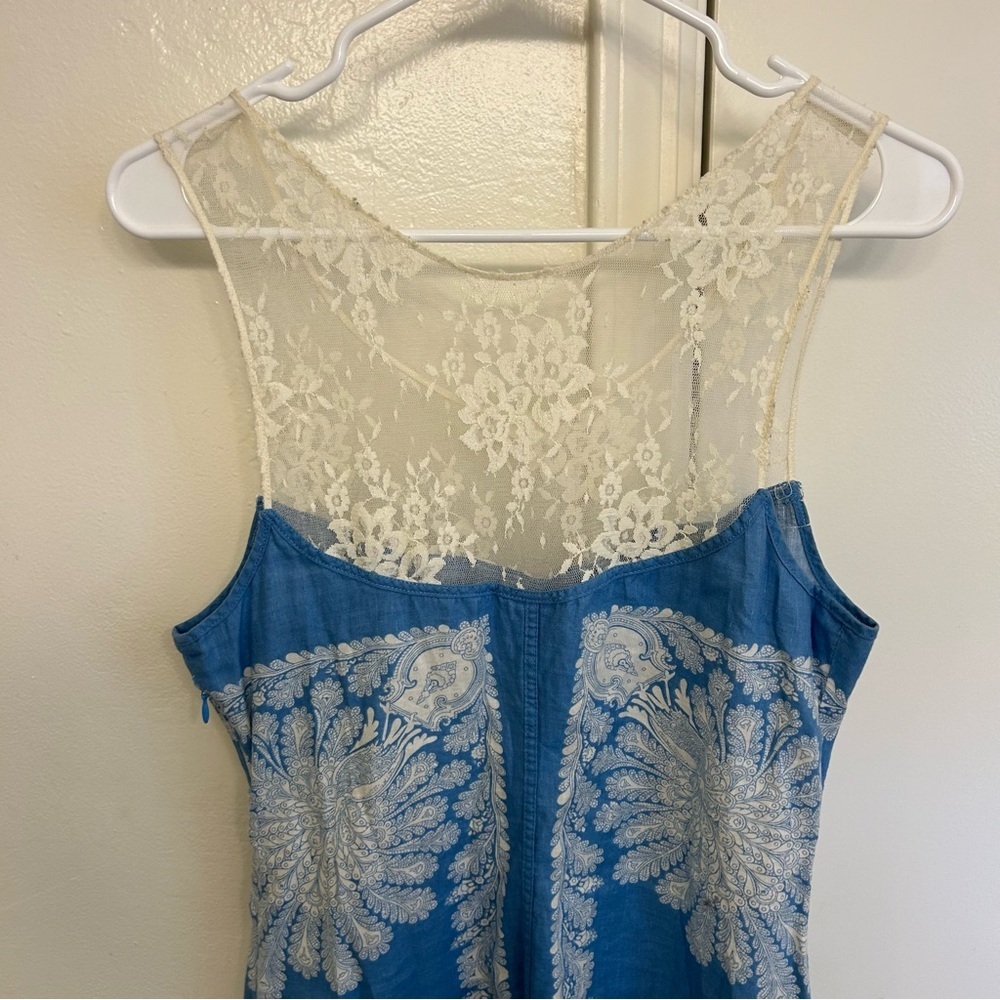 Vintage Free People Paisley Linen Blend Mini Shift Dress Blue White Size 12 - Picture 8 of 11